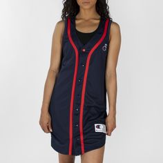 Imperial Baseball Jersey Dress From Champion. Button Front Silhouette With V-Neck For Easy Layering Over Tanks And Sports Bra. Size Xs, New With Tags. Blue V-neck Mini Dress With Button Closure, Baseball Jersey Dress, Striped Bodycon Dress, Street Dress, Champion Shorts, Summer Beach Dress, Athleisure Women, Woven Sweater, Sleeveless Hoodie