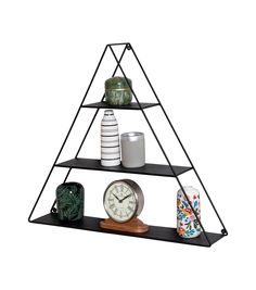 three tiered metal shelf with various items on it and a clock in the middle