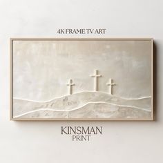 a painting with three crosses on it and the words, 4 krame iv art