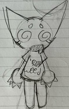 a drawing of a cat with a t - shirt on, standing in front of a sheet of lined paper