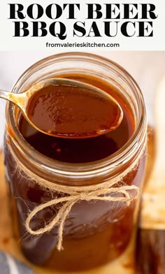 homemade root beer bbq sauce in a mason jar with text overlay that reads, how to make root beer bbq sauce