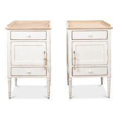 two white nightstands side by side with one drawer open and the other closed on both sides