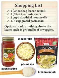 the ingredients to make ravioli pasta are shown in this recipe list, including cheese and sauce