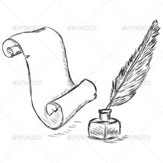 a pen and ink bottle with a feather quill on the table - objects illustrations