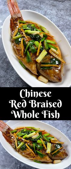 chinese red - braised whole fish with vegetables on the side