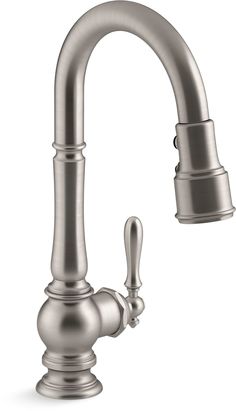 a kitchen faucet with the handle on it's side and nozzle