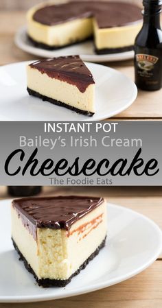 two slices of cheesecake sitting on top of white plates with chocolate toppings and a bottle of bailey's irish cream in the background