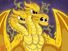 two yellow dragon with big eyes are facing each other in front of the night sky