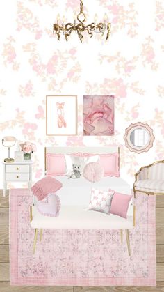 a pink and white bedroom with flowers on the wall, chandelier and bed