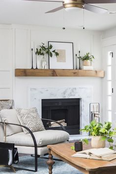 a living room filled with furniture and a fire place in front of a fireplace covered in potted plants