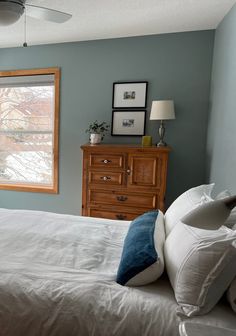 a bedroom with blue walls and white bedding