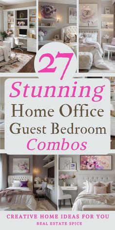 a bedroom with lots of white furniture and pink accents on the walls, along with text overlay that reads 27 stunning home office guest bedroom combos