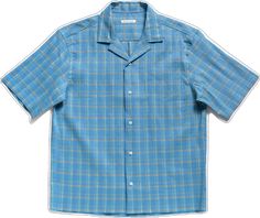 Full length flat shot of Brooklyn Tailors BKT18 Camp Shirt in Roman Check - Ionian Blue Light Blue Cotton Short Sleeve Shirt For Summer, Light Blue Collared Camp Shirt For Summer, Blue Camp Collar Shirt For Summer, Light Blue Cotton Shirt With Camp Collar, Summer Blue Shirt With Camp Collar, Summer Light Blue Collared Camp Shirt, Blue Cotton Short Sleeve Shirt For Summer, Blue Cotton Camp Shirt For Summer, Yarn-dyed Short Sleeve Tops For Summer