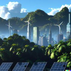 solar panels in the foreground with mountains and trees in the background