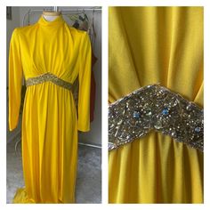 Step into the elegance of the 1960s with this stunning vintage golden yellow maxi gown. This classic piece showcases the timeless mod style, featuring a high neckline, long sleeves, and an empire waist accentuated with a sparkling gold sequin waistband. The gown flows beautifully to the floor, creating a striking silhouette that's perfect for formal events, retro-themed parties, or any occasion where you want to make a memorable entrance. Crafted from a soft, flowy fabric, this gown is as comfor High Neck Evening Dress, Gold Gown, Yellow Maxi, Flowy Fabric, Mod Style, Maxi Gown, Vintage Party, Mod Fashion, Maxi Gowns