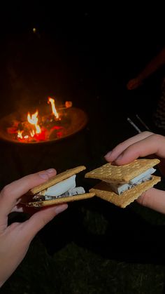 two people holding sandwiches in front of an open fire pit at night with their hands