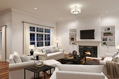 a living room filled with furniture and a fire place in the middle of a room