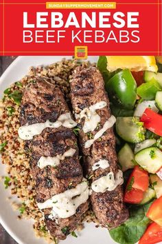 a plate with meat, vegetables and rice on it that says leanse beef kebabs