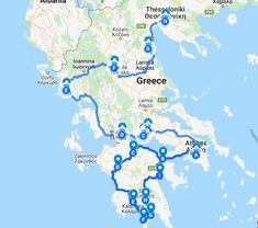 a map showing the route for greece and other countries with blue circles on it's sides