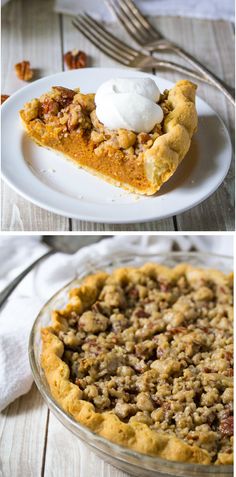 two different views of a pie on a white plate