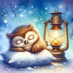 an owl sleeping on top of a pillow next to a lantern and light postcard