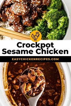 crockpot sesame chicken in a bowl with broccoli and rice