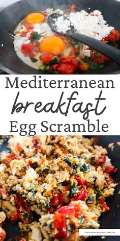 an egg scramble with tomatoes, spinach and eggs in it on a black plate