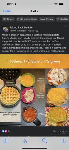 an iphone screen showing the recipe for waffles and other food items on it