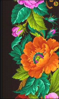 an orange flower with green leaves is shown in this cross - stitch pattern, which has been