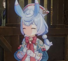 an anime character with blue hair and horns