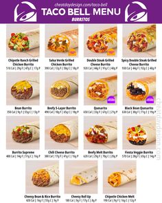 the taco bell menu features different types of burritos and other toppings