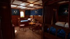 a bedroom with blue walls and wood trimmings on the ceiling, along with wooden furniture