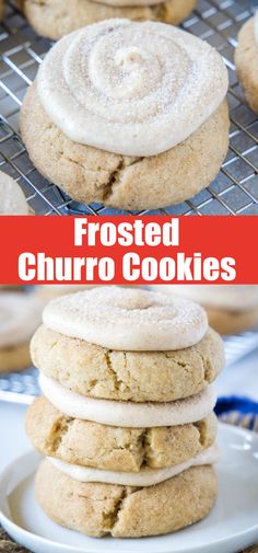 frosted churro cookies stacked on top of each other