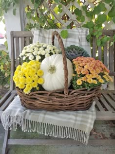 a basket filled with lots of flowers sitting on top of a wooden bench next to a white pumpkin