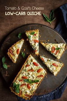 tomato and goat cheese low - carb quiche on a plate with basil leaves