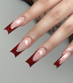 Refill Acrylic Nails, Libra Nails Acrylic, Red Nails With Diamonds, Nail Black French, Red Nail Set, Red French Nails, Red French Tip Nails, Red French Tips, Burgundy Acrylic