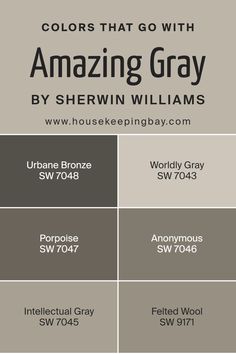 Colors that Go With Amazing Gray SW 7044 by Sherwin Williams Sw 7048 Urbane Bronze, Nc Flag, Sherwin Williams Coordinating Colors, Anew Gray Sherwin Williams, Coordinating Paint Colors, Amazing Gray, Worldly Gray, Anew Gray