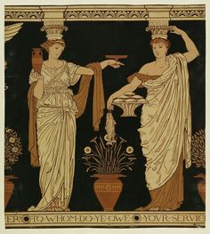 two ancient women standing next to each other in front of a vase with flowers on it