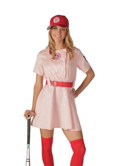 a woman in a pink dress and red hat is holding a baseball bat while posing for the camera