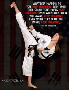 a woman doing karate in front of an american flag with the words, you never happens to