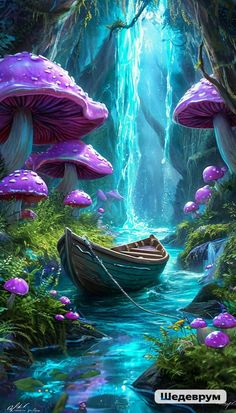 a boat floating on top of a river next to lush green forest covered in purple mushrooms