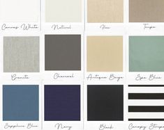 color swatches for different shades of gray, blue, and white fabrics with names on them