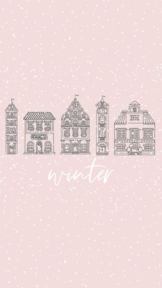 a pink background with buildings and the word winter written in white on top of it