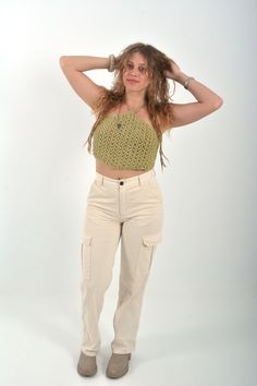 PICTURED: Medium Large Cropped Jasmine Diamond Crocheted Top with Cord :) in Sage  Adjustable crop top in the color with a geometric flower of life pattern.  Made with 50/50 Bamboo and Cotton yarn. Soft texture and comfortable fit! Sizing: Point to Point - Over Breast          32 inches   (includes loops on points)   Point to Point - Top to bottom      12 inches   (bra size: 32-36 A-D) Hand wash and air dry. Can machine wash with cold water but beware of creating pulls in yarn or decreasing the Casual Beige Cropped Top, Casual Beige Crochet Crop Top, Trendy Beige Cotton Crochet Top, Beige Crochet Lace Cotton Crop Top, Casual Beige Crochet Lace Crop Top, Beige Cotton Crop Top With Crochet Lace, Beige Cotton Crochet Lace Crop Top, Beige Fitted Crochet Crop Top, Casual Cotton Crop Top With Crochet Lace