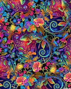 a colorful floral pattern on a black background