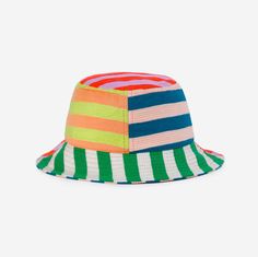 Knit bucket hat with colorblock stripe patchwork. Made from colorful, soft hypoallergic yarn. From sunny summer beach days to cold winter walks, this bucket hat is destined for year-round wear. Each hat is one of a kind – patchwork pattern placement may vary, but that's the fun of it! Fully lined. Details Body: 100% Acrylic Lining: 100% Deadstock poly-cotton fabric Machine wash gentle, lay flat to reshape and dry8.5"w, 3.5"h, 2.25" brim, 22" interior circumference Playful Multicolor Sun Hat For Spring, Playful Green Sun Hat For Spring, Playful Green Sun Hat For Vacation, Playful Multicolor Sun Hat For Outdoor, Playful Multicolor Wide Brim Sun Hat, Playful Green Beach Hat, Playful Green Vacation Sun Hat, Striped Bucket Sun Hat For Beach, Multicolor Bucket Hat For Spring Outdoor