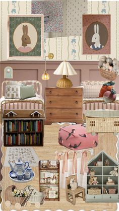 a collage of baby's nursery items including toys, bookshelves and pictures