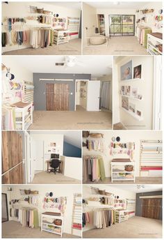 there are many pictures of the inside of a house with different things in it, including bookshelves and closets