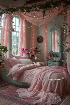 a bedroom with pink bedding and lights on the ceiling, curtains over the window