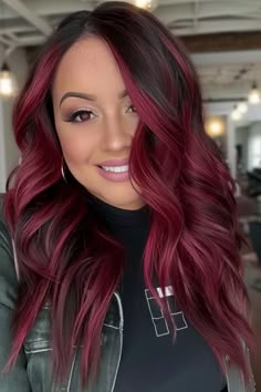 Burgundy Halo Hair, Red And Dark Hair, Burgundy With Blonde Money Piece, Colorful Hair Dye Ideas, Black To Red Hair, Purple And Red Hair, Black And Burgundy Hair